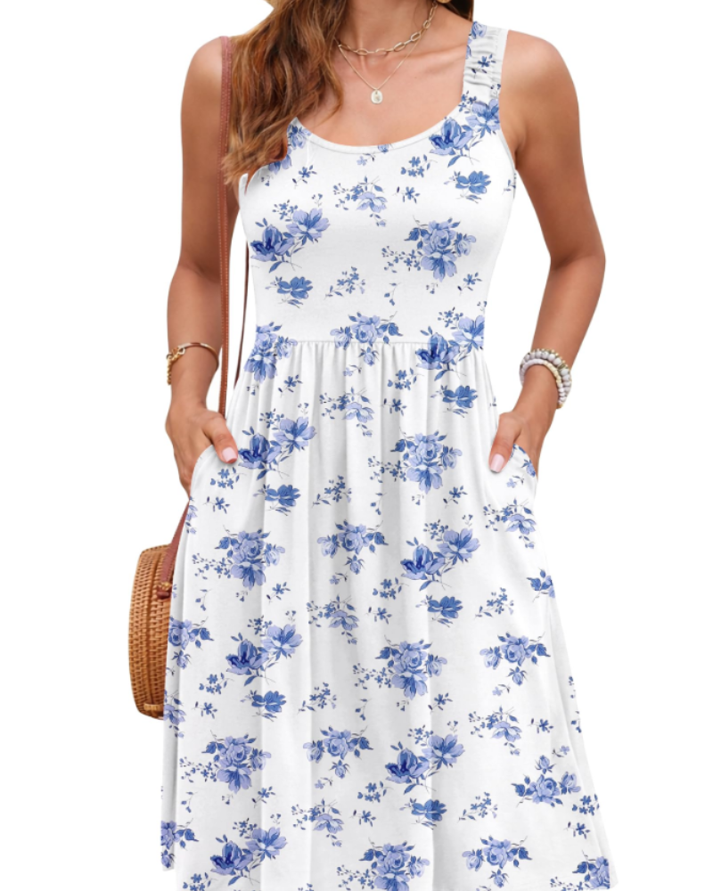 Vestido de verão para mulher | decote quadrado | corte A com cintura ajustada | férias