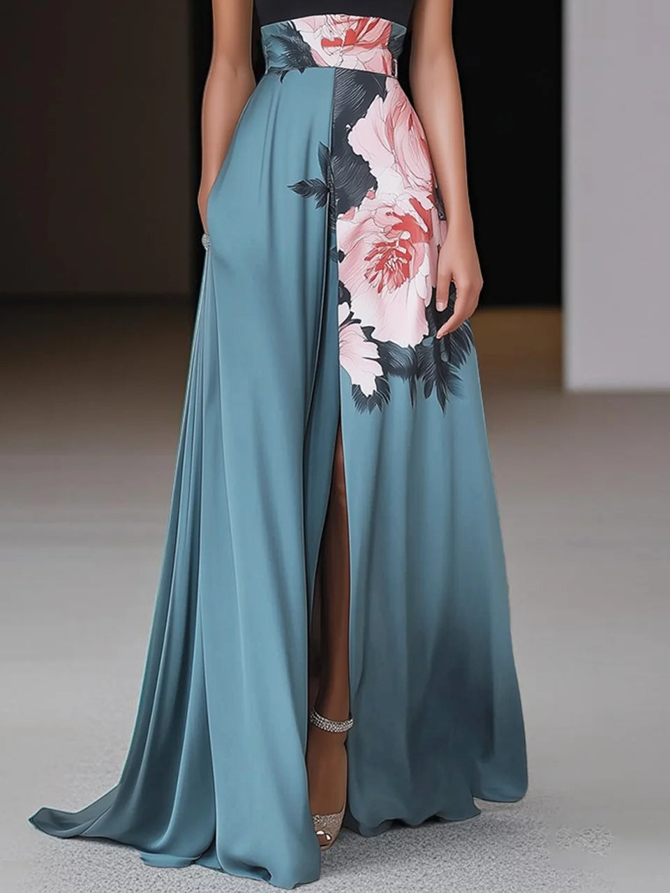 Robe longue de soirée sans manches avec imprimé floral et fente latérale pour femme