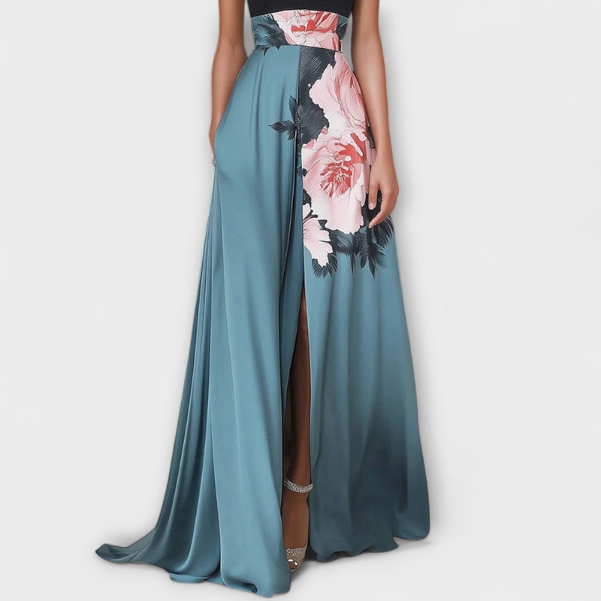 Vestido Comprido de Gala com Gola Alta e Saia em Corte A com Estampado de Flores