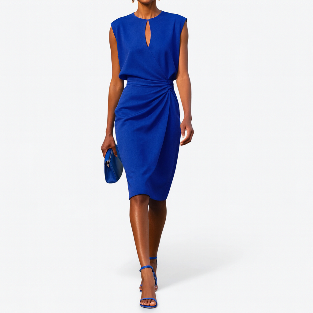 Robe midi croisée avec plis latéraux et col rond pour femme