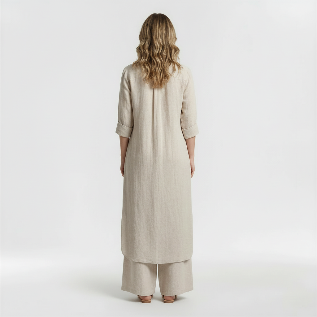 Ensemble deux pièces chemise longue et pantalon pattes d'éléphant en mélange de lin