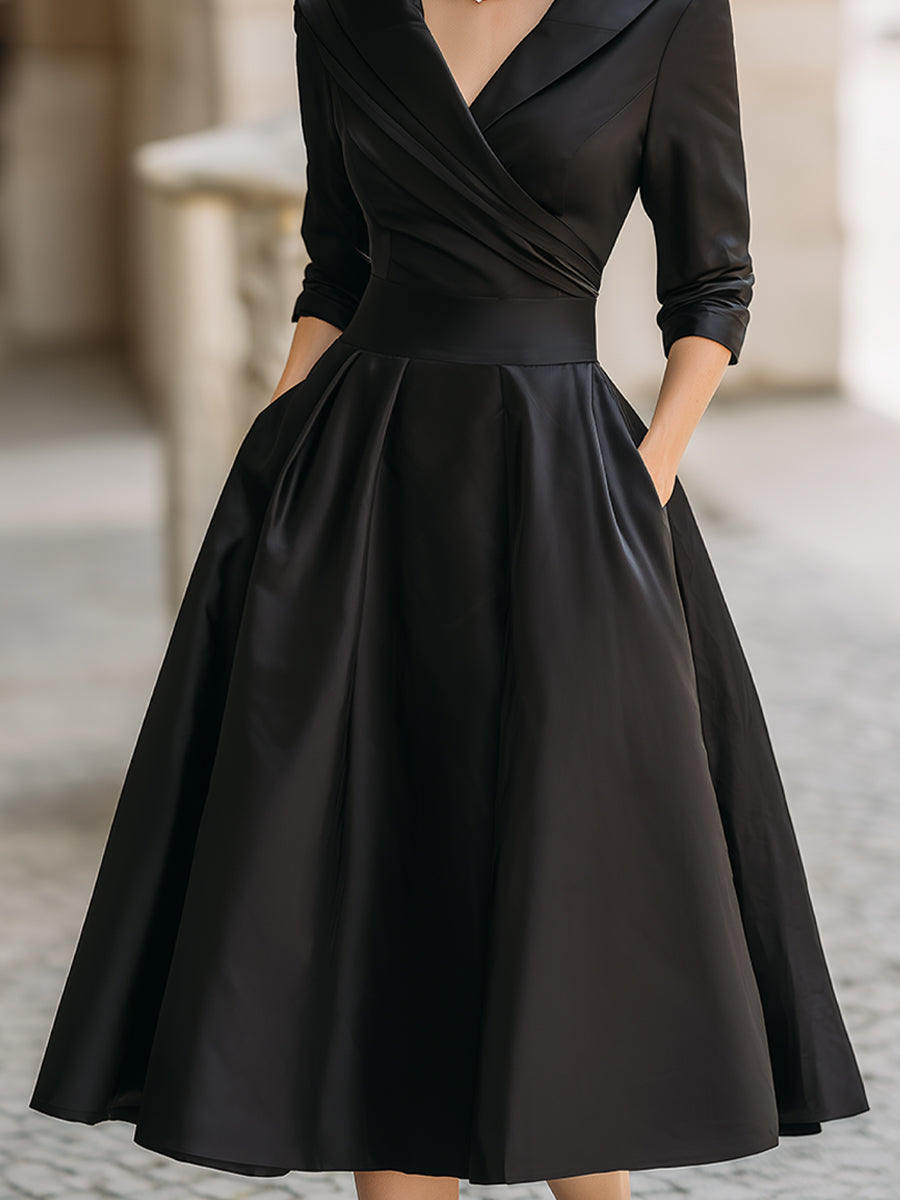 Long Polyester Dress with Lapel Collar and Wrap Waist for Women