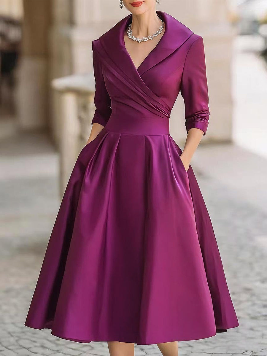 Long Polyester Dress with Lapel Collar and Wrap Waist for Women