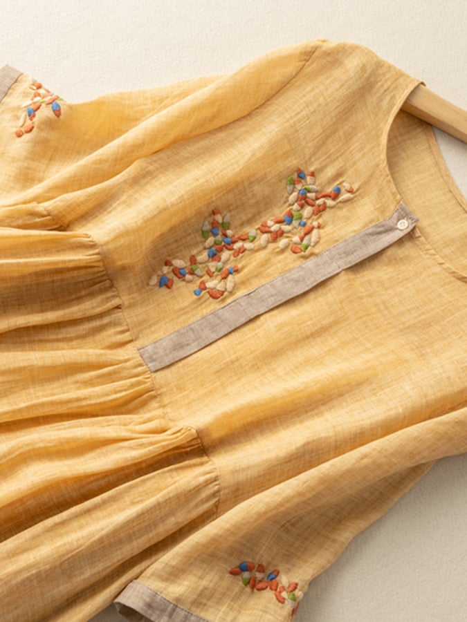 Vestido Midi de Algodón y Lino con Bordado Étnico y Manga Larga de Estilo Retro