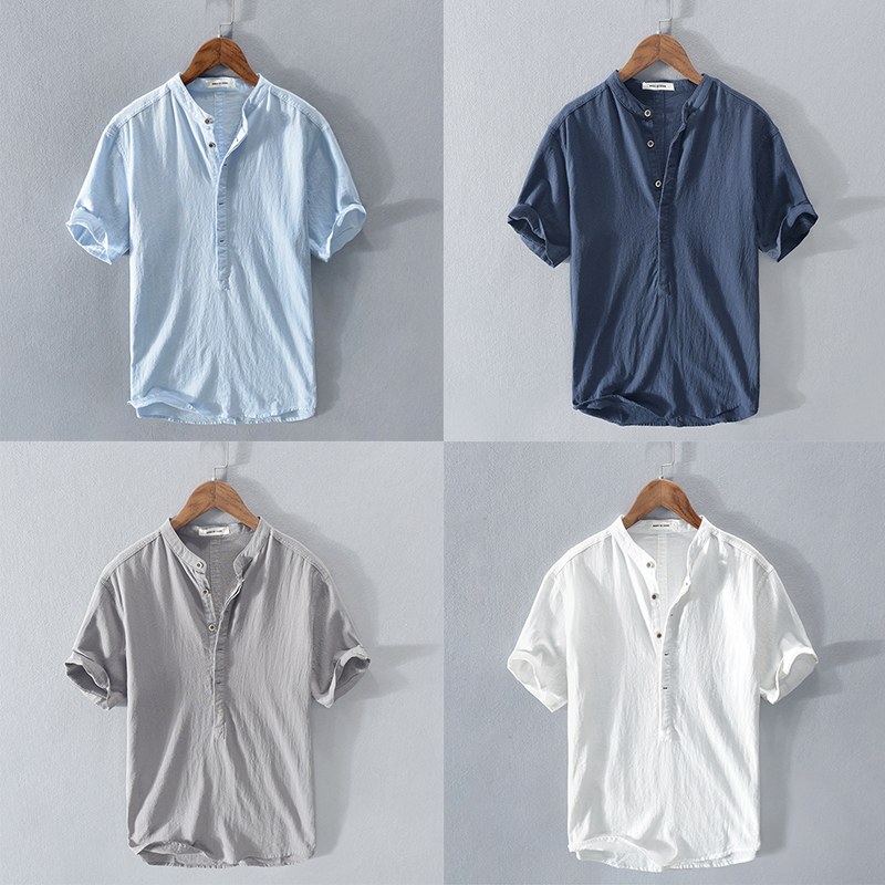 Men's Short-Sleeve Linen and Cotton T-Shirt with Henley Button Neck