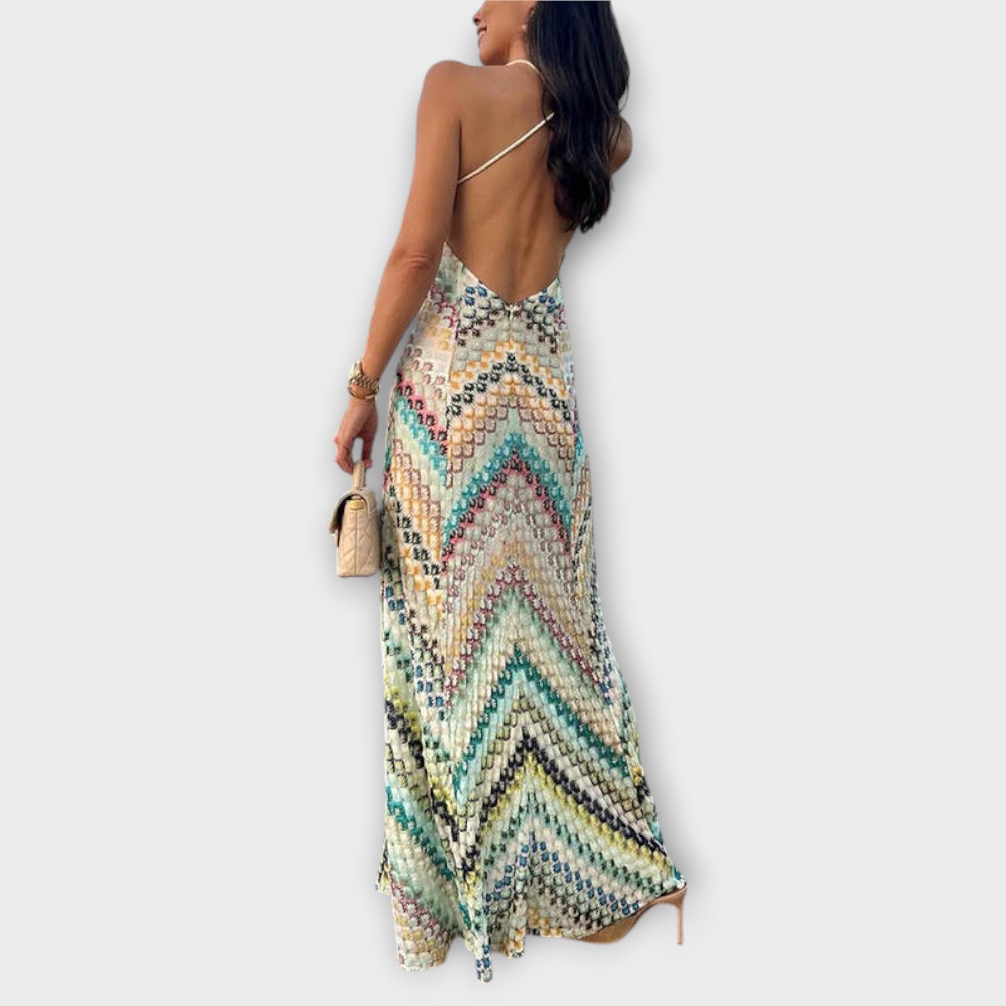 Robe longue en maille avec imprimé zigzag et décolleté plongeant en V
