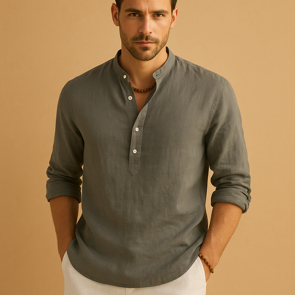 Camisa de Lino con Cuello Mao y Manga Larga