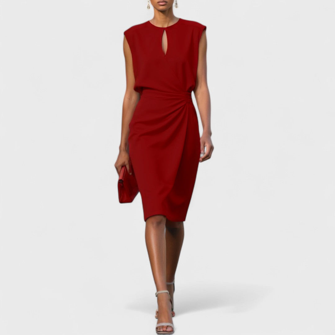 Robe midi croisée avec plis latéraux et col rond pour femme
