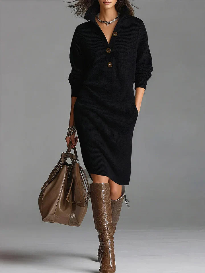 Women's long-sleeve knit dress with loose fit and round neck