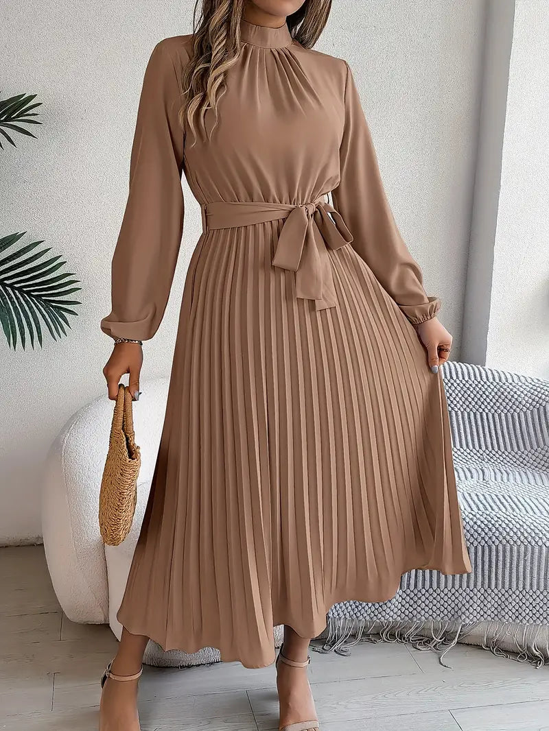 Vestido Longo Plissado de Manga Comprida com Gola Alta e Cinto para Mulher