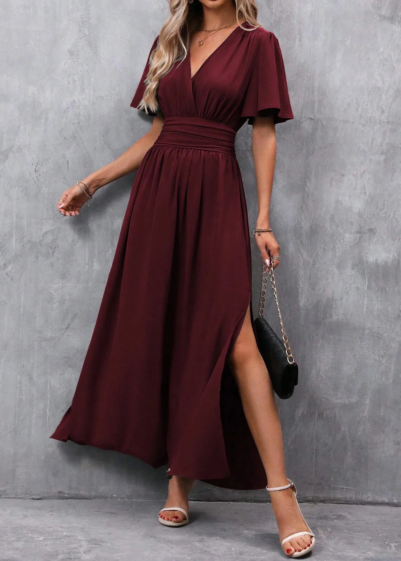 Long Dress for Women - V-Neck with Slit - Formal Dinner