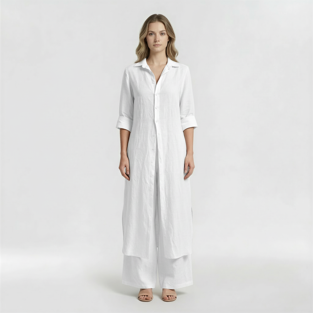 Ensemble deux pièces chemise longue et pantalon pattes d'éléphant en mélange de lin