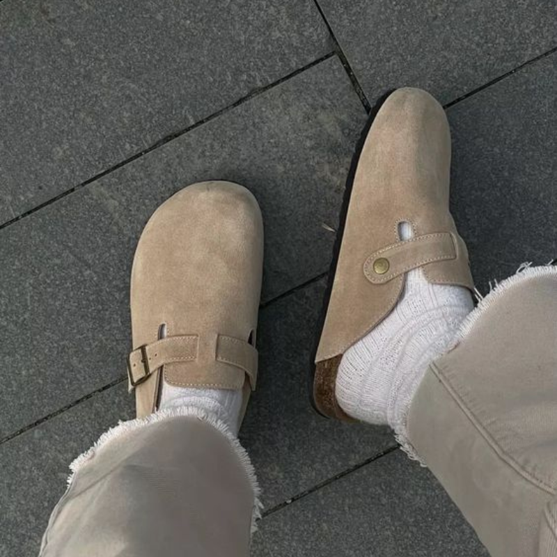 Saboti unisex din piele întoarsă premium, talpă din plută anatomică, suport pentru arcadă