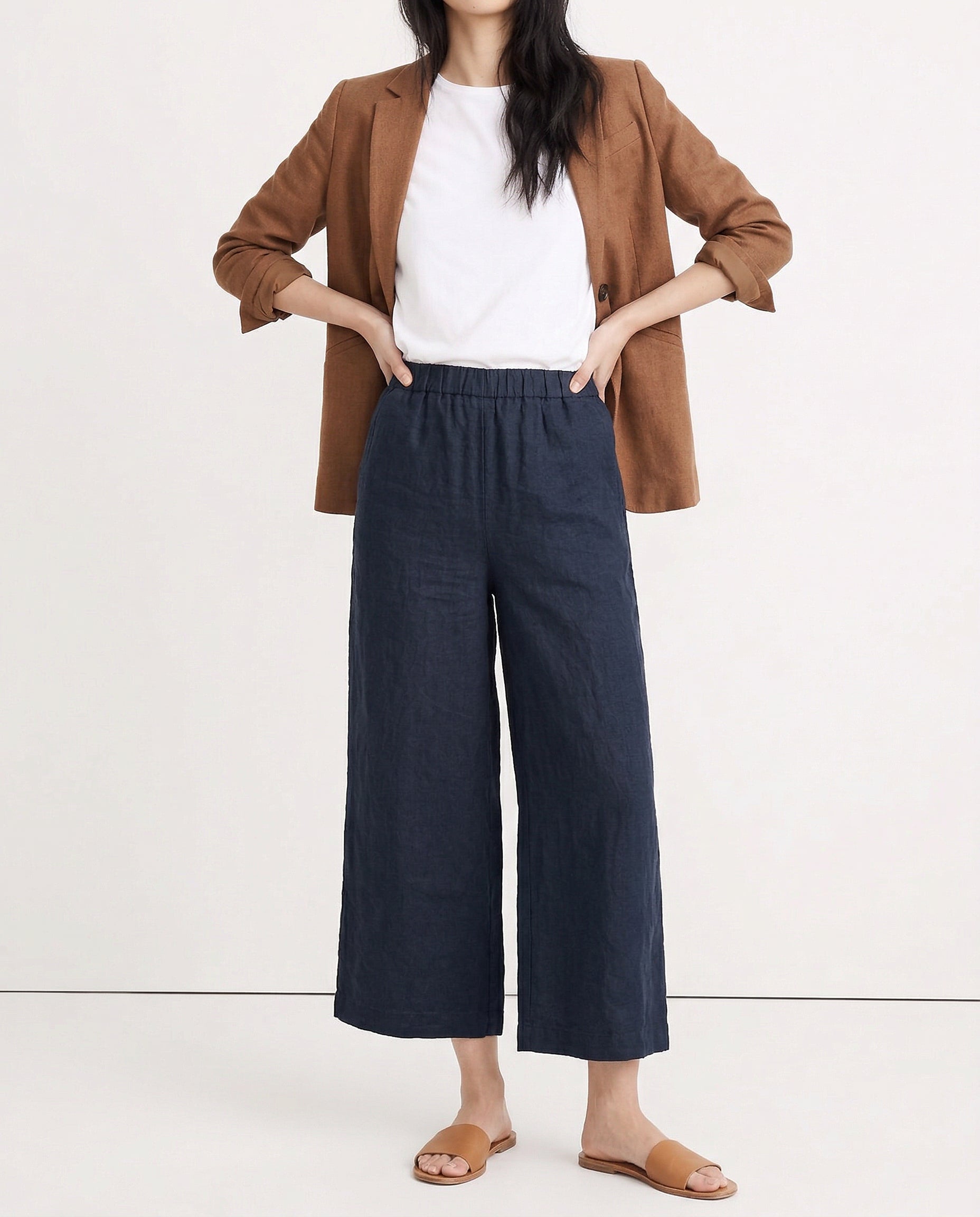 Pantalones de Lino para Mujer de Pierna Ancha con Cintura Elástica y Corte al Tobillo