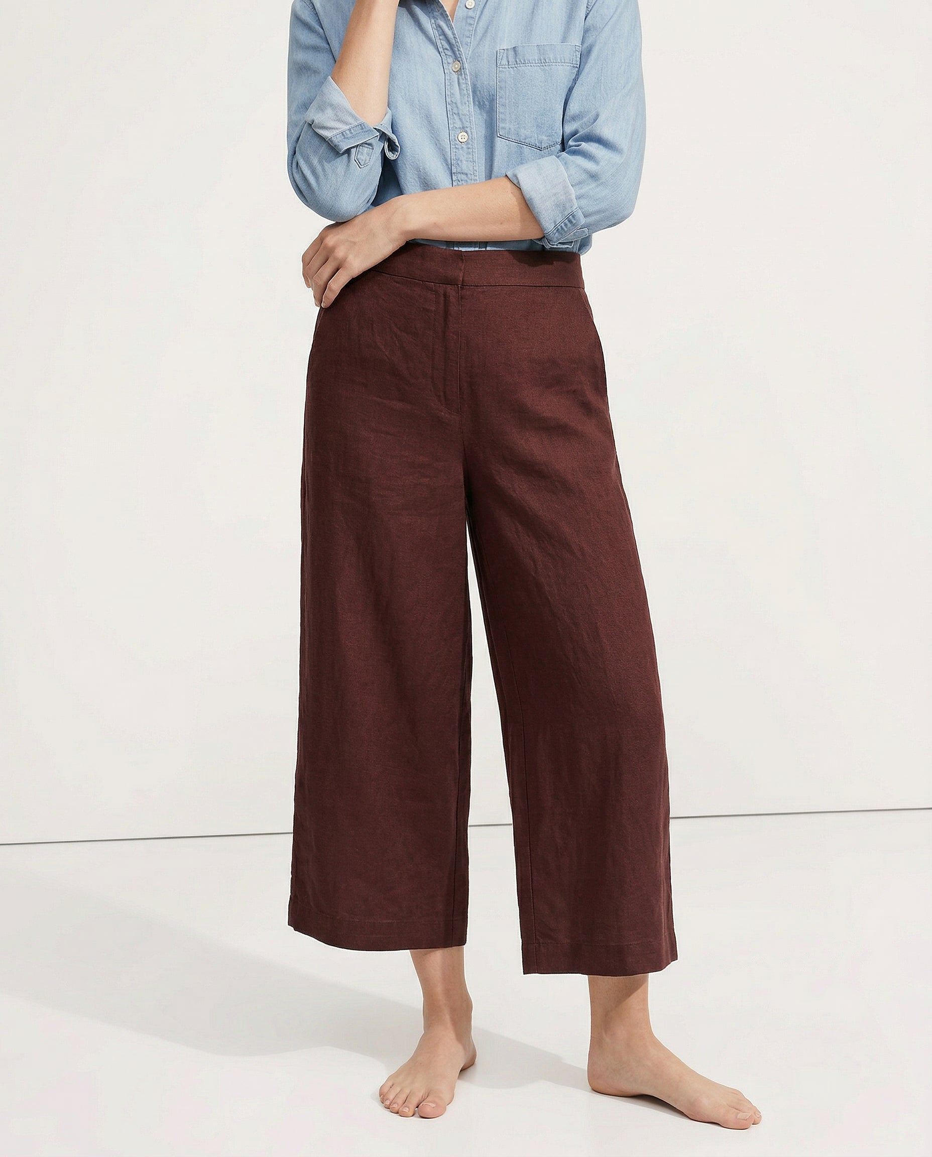 Pantalones de Lino para Mujer de Pierna Ancha con Cintura Elástica y Corte al Tobillo