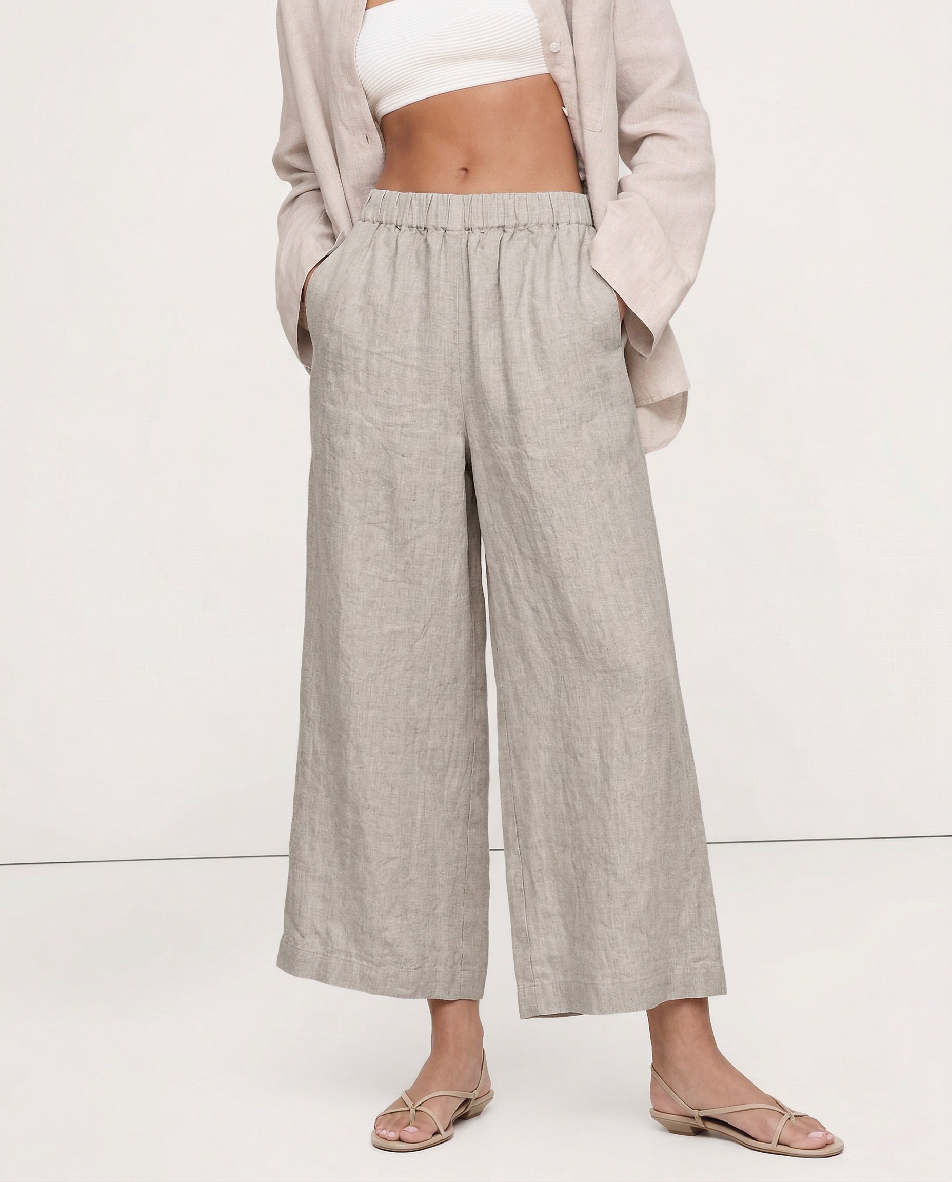 Pantalones de Lino para Mujer de Pierna Ancha con Cintura Elástica y Corte al Tobillo