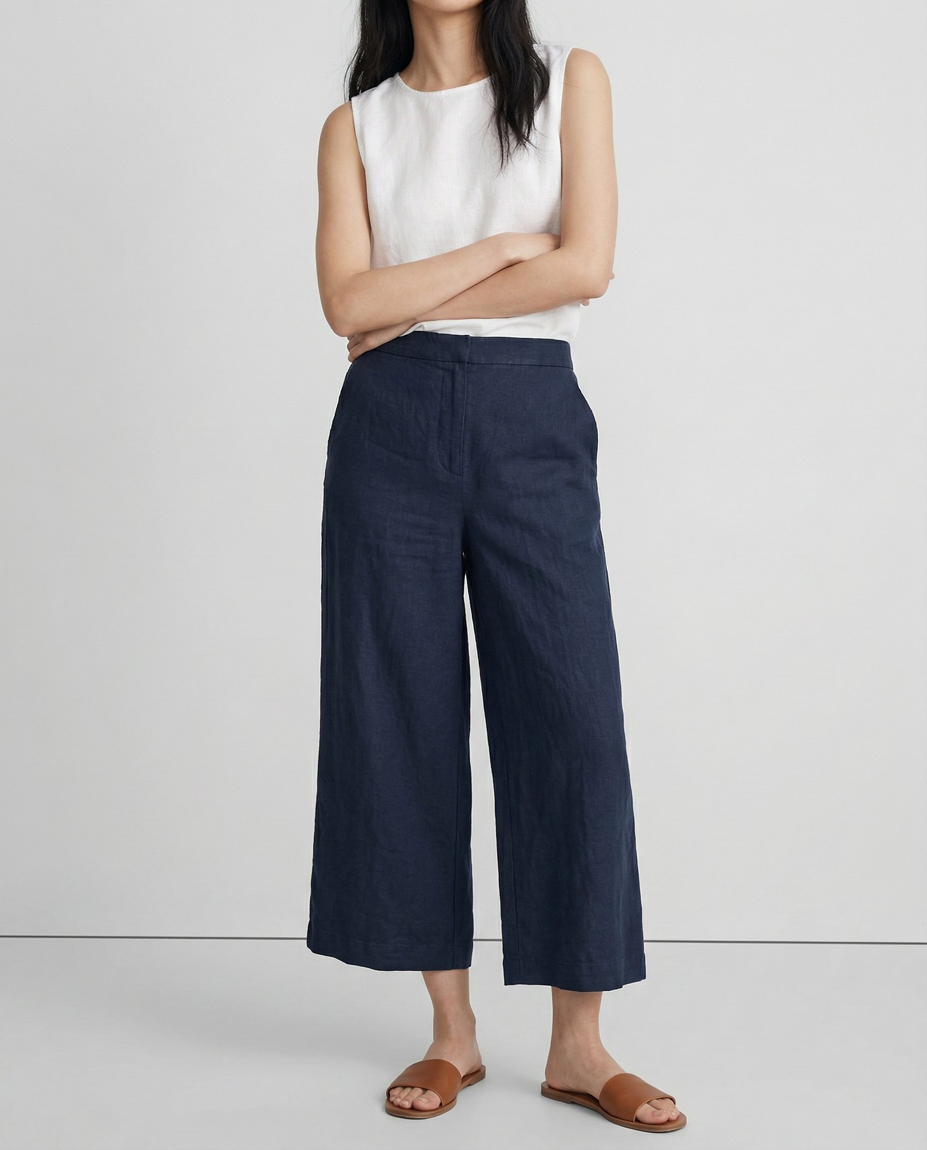 Pantalones de Lino para Mujer de Pierna Ancha con Cintura Elástica y Corte al Tobillo