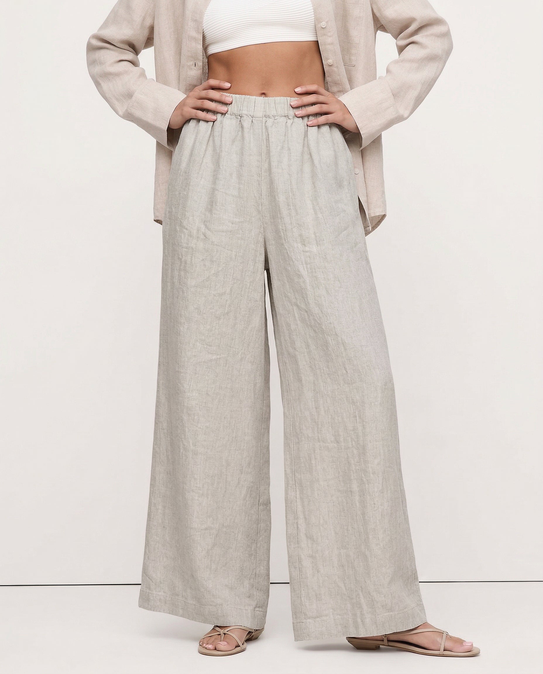 Pantalones de Lino para Mujer de Pierna Ancha con Cintura Elástica y Corte al Tobillo