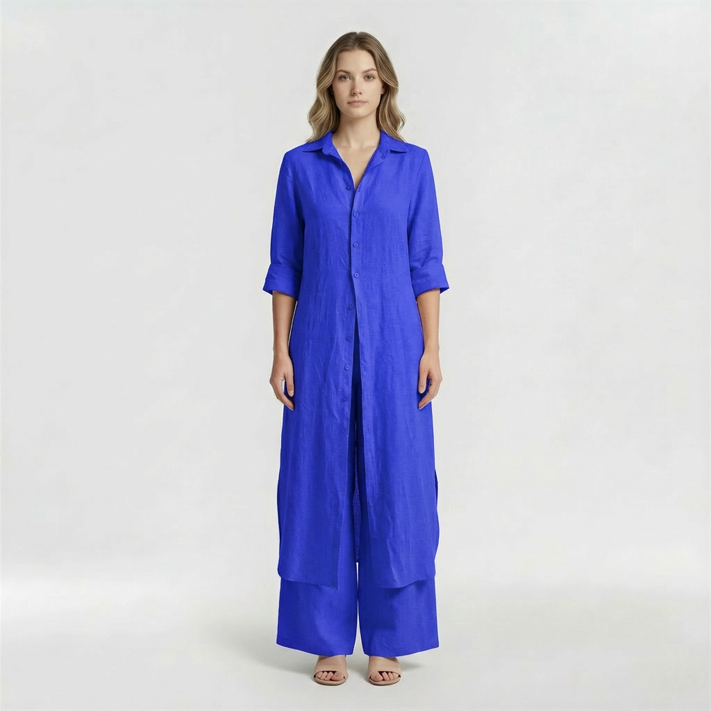 Ensemble deux pièces chemise longue et pantalon pattes d'éléphant en mélange de lin