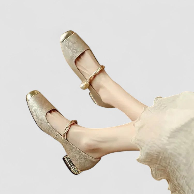 Pantofi cu Toc Pătrat pentru Femei cu Vârf Pătrat și Aplicatii Strălucitoare
