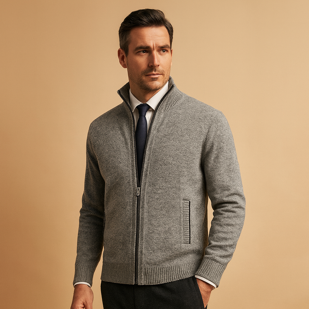 Chaqueta de punto para hombre con forro polar cremallera y cuello alto