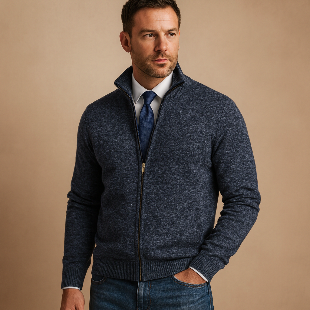 Chaqueta de punto para hombre con forro polar cremallera y cuello alto