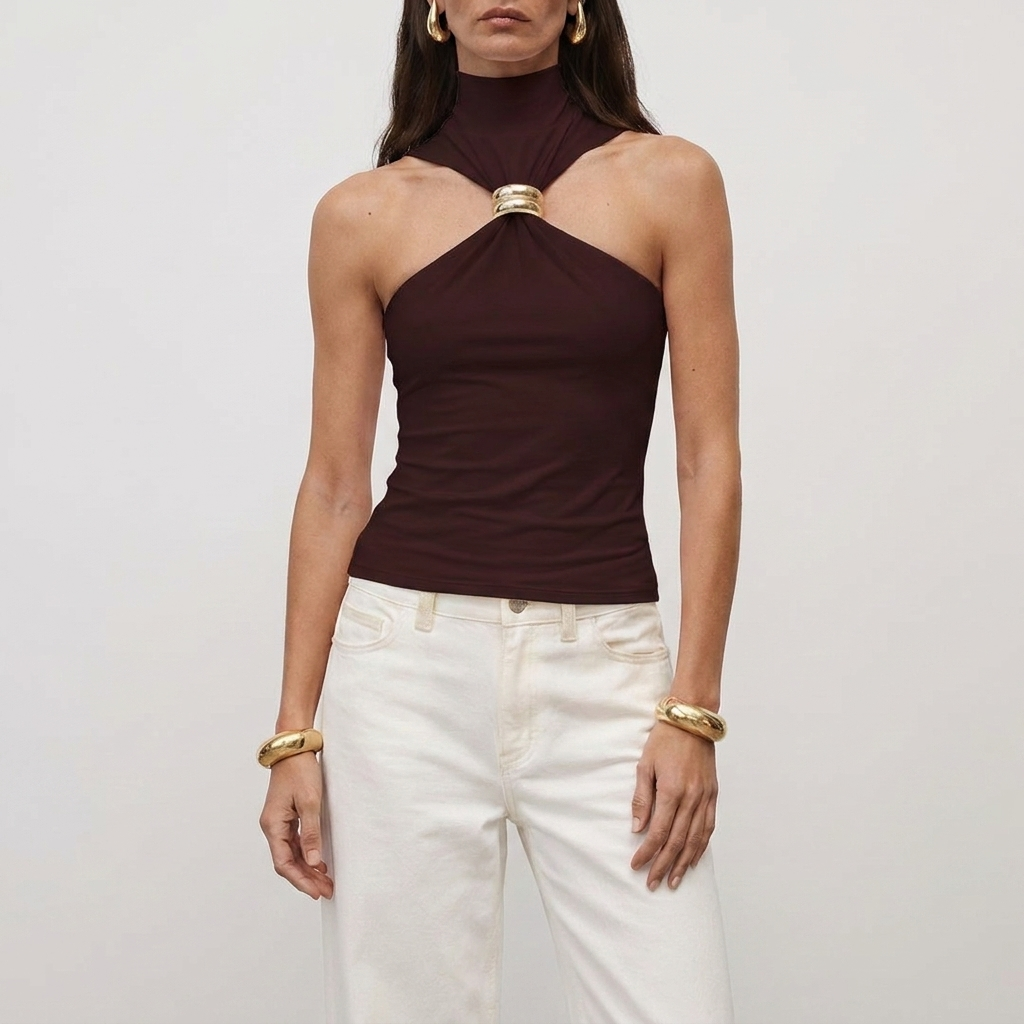 Haut dos nu femme col montant | blouse sans manches pour événements