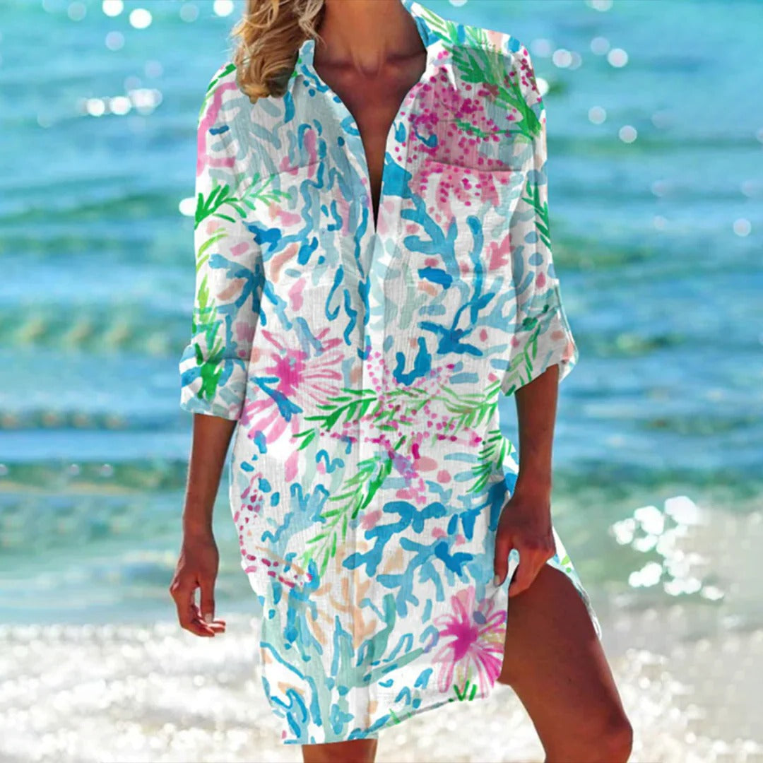 Vestido de Playa para Mujer Womens Beach Cover Ups Estampado con Botones y Manga Larga