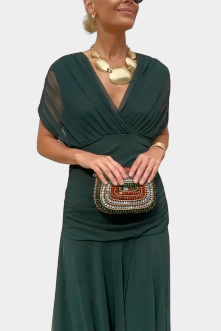 Vestido comprido para mulher — decote em V e corpo franzido — casamento