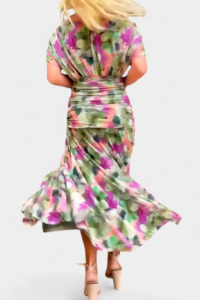 Vestido comprido para mulher — decote em V e corpo franzido — casamento