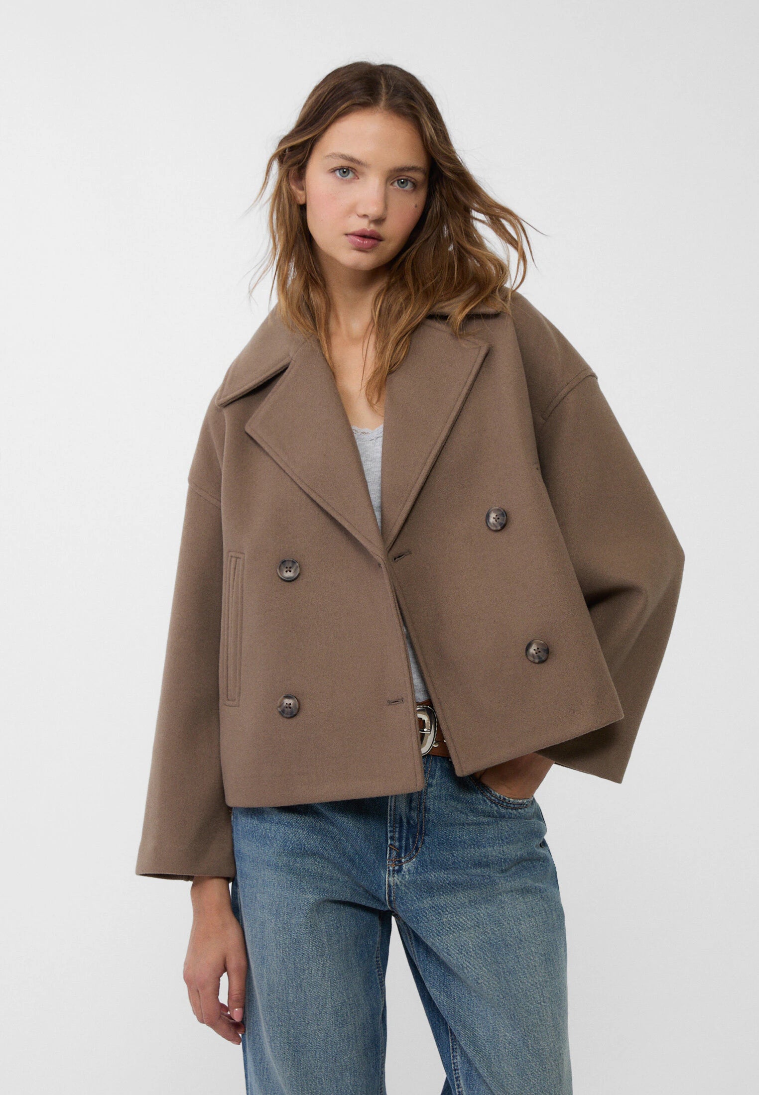 Women's short wool double-breasted jacket with lapel collar