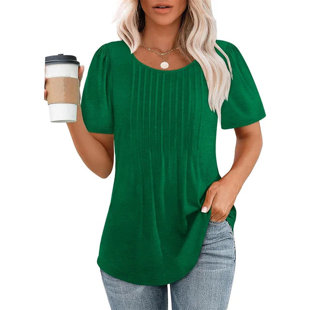 Camiseta de Manga Corta con Pliegues y Cuello Redondo para Mujer