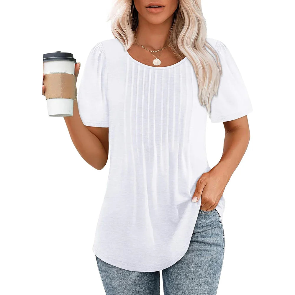 Camiseta de Manga Corta con Pliegues y Cuello Redondo para Mujer