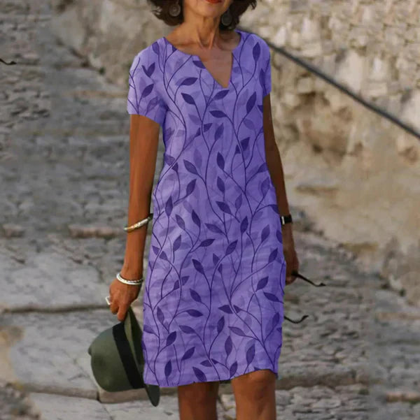 Vestido de Corte en A con Estampado de Hojas Escote en V y Manga Corta para Mujer