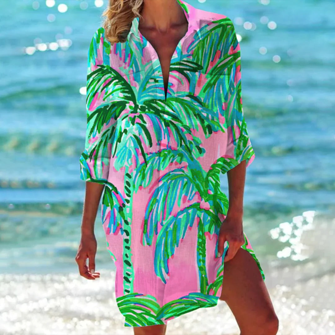Vestido Camisero Estampado Tropical para Mujer Beach Cover Up con Manga Regulable