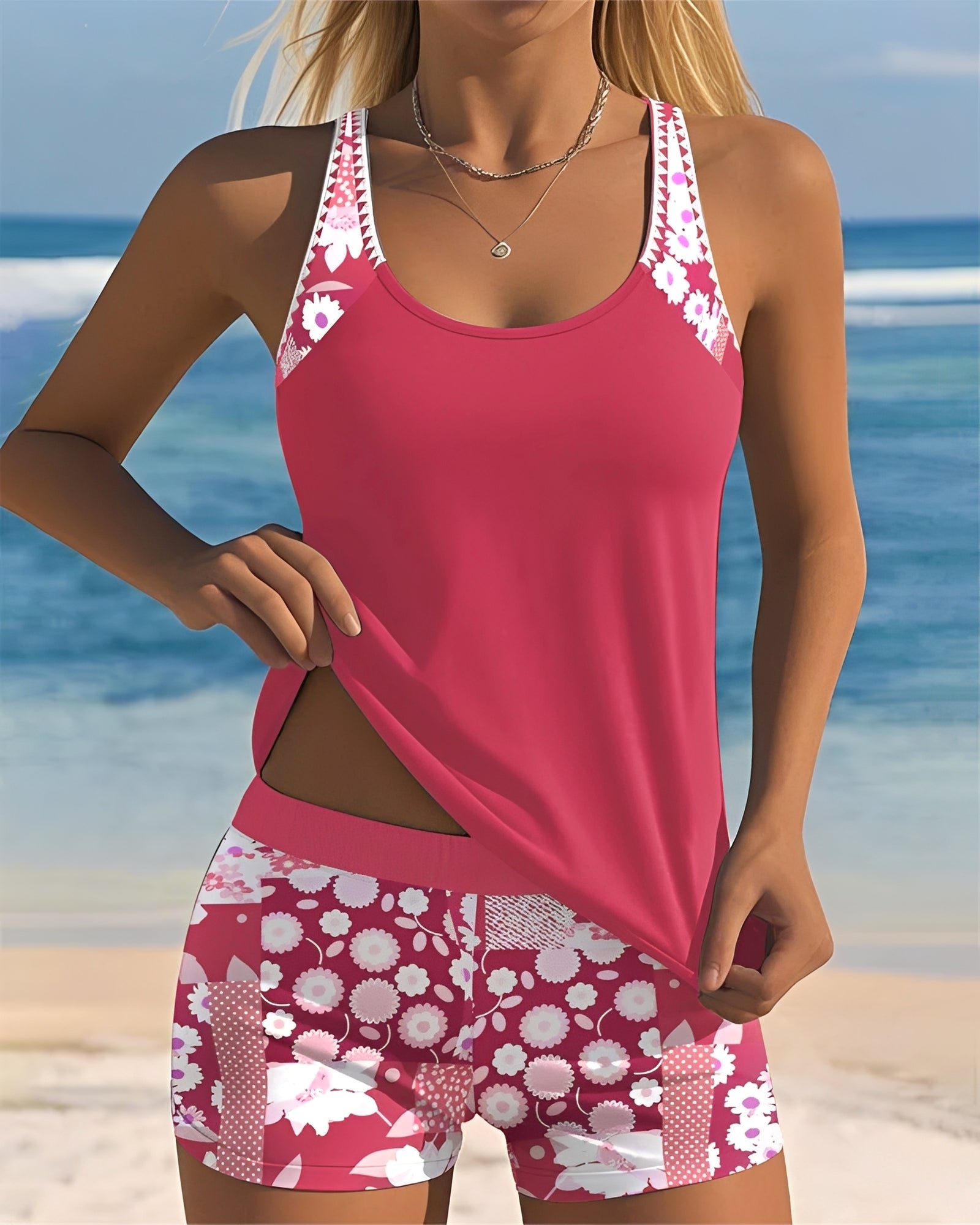 Bañador Tankini de Dos Piezas con Estampado y Pantalones de Cintura Alta para Mujer