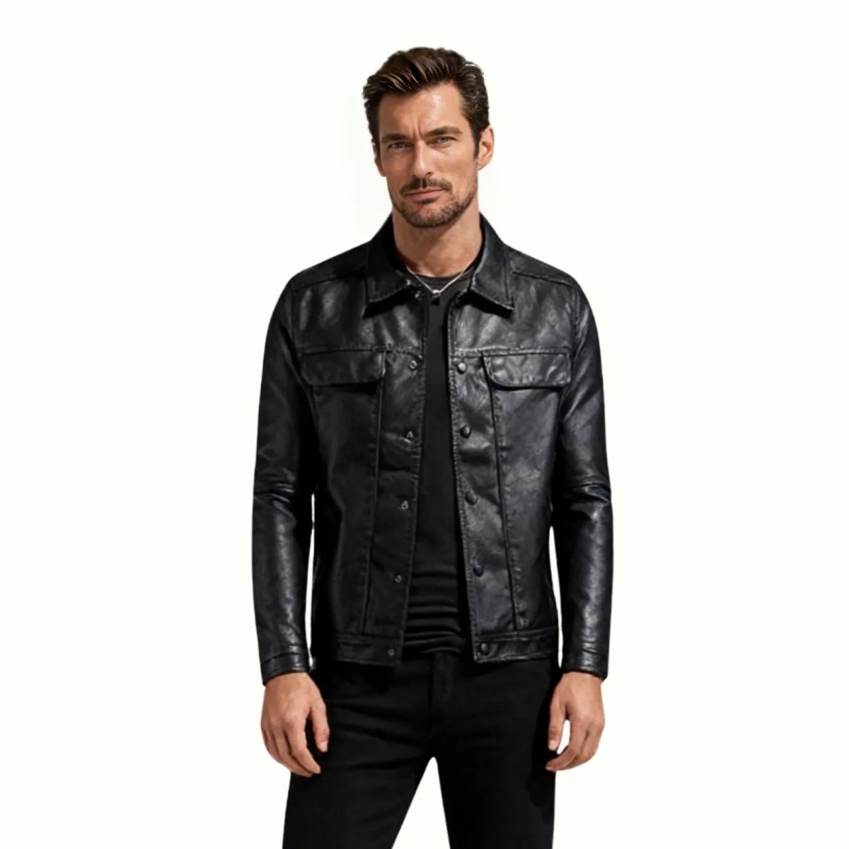 Giacca Trucker in Pelle Nappa da Uomo con Bottoni e Colletto a Camicia