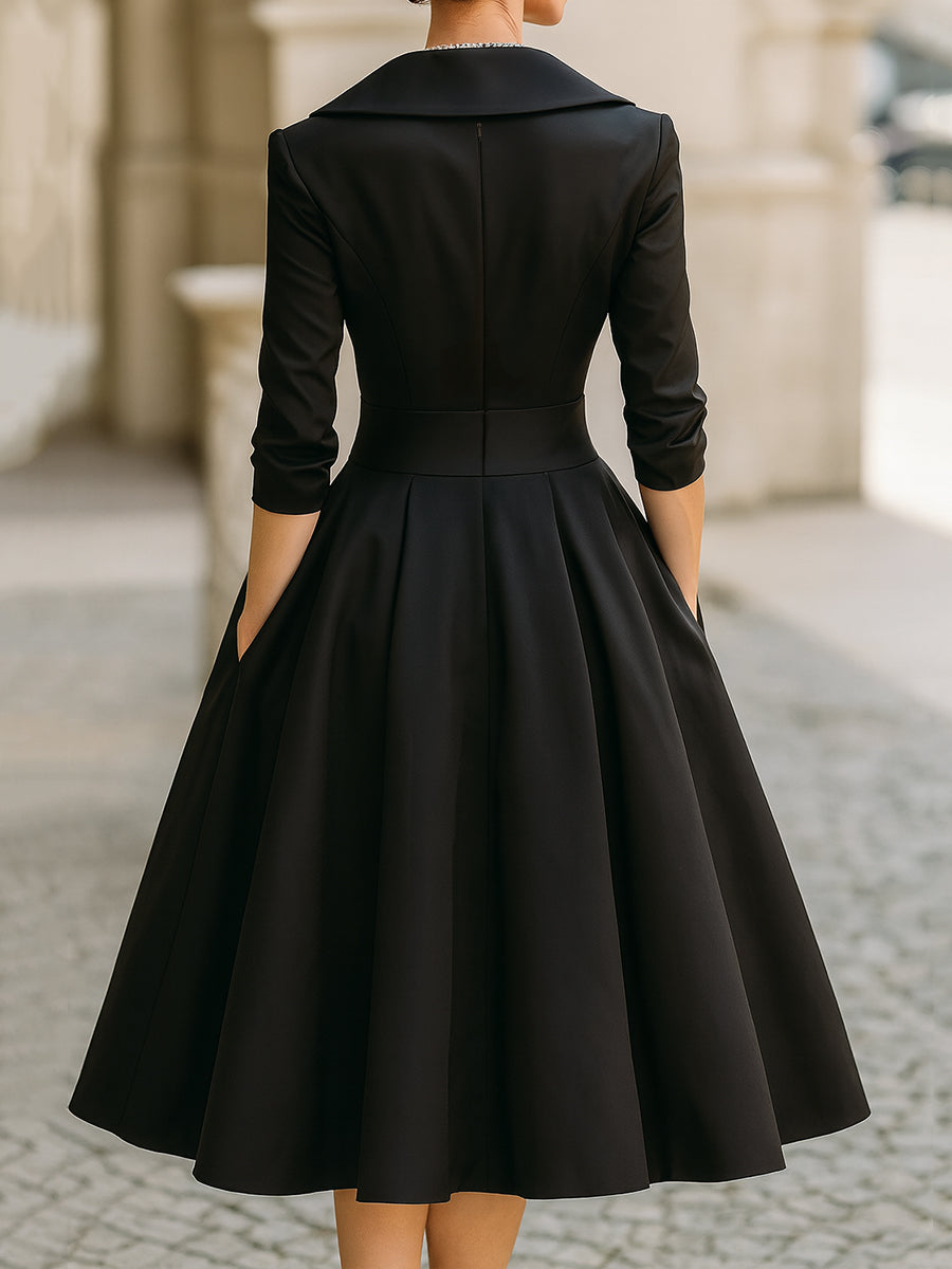 Long Polyester Dress with Lapel Collar and Wrap Waist for Women