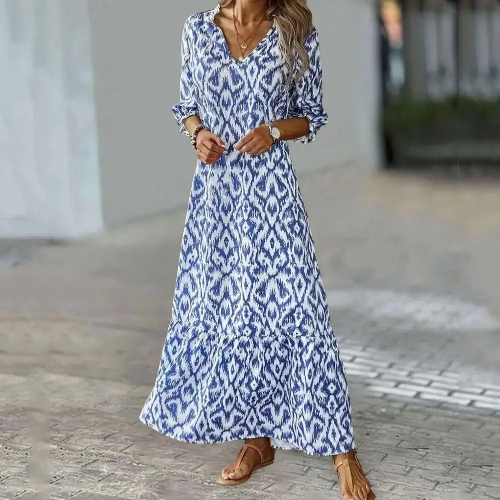 Vestido Largo con Estampado Bohemio Escote en V y Media Manga para Mujer