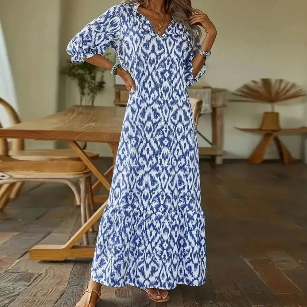 Vestido Largo con Estampado Bohemio Escote en V y Media Manga para Mujer