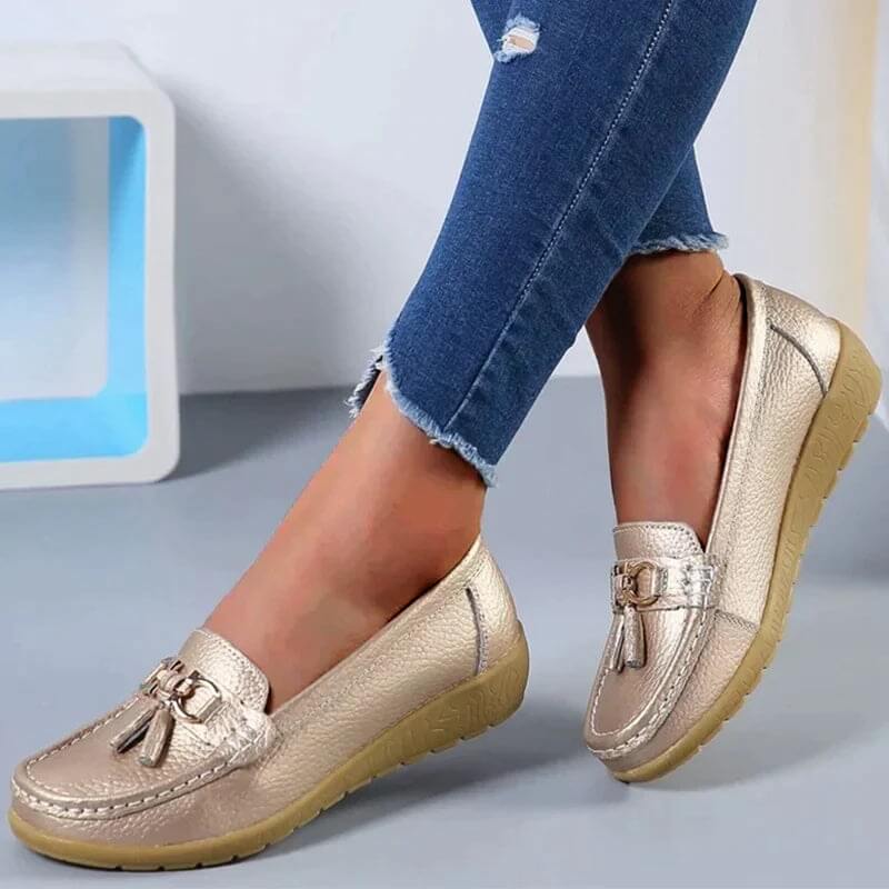 Women's Leather Loafers - Flat Tassel Shoes - Walking