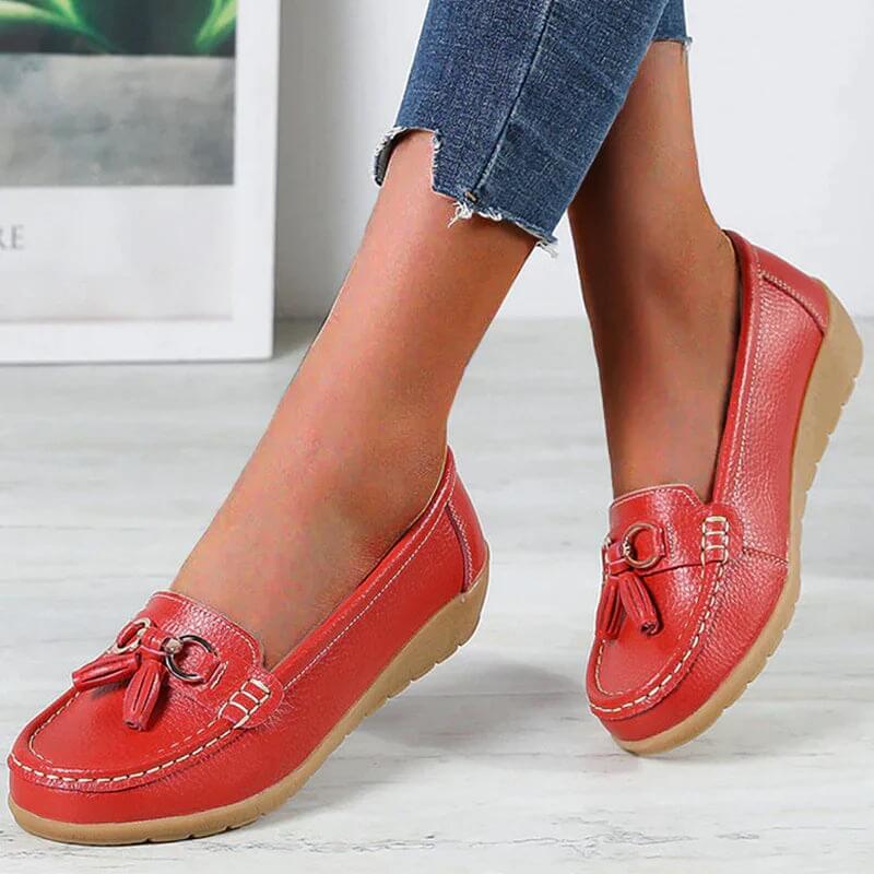 Women's Leather Loafers - Flat Tassel Shoes - Walking