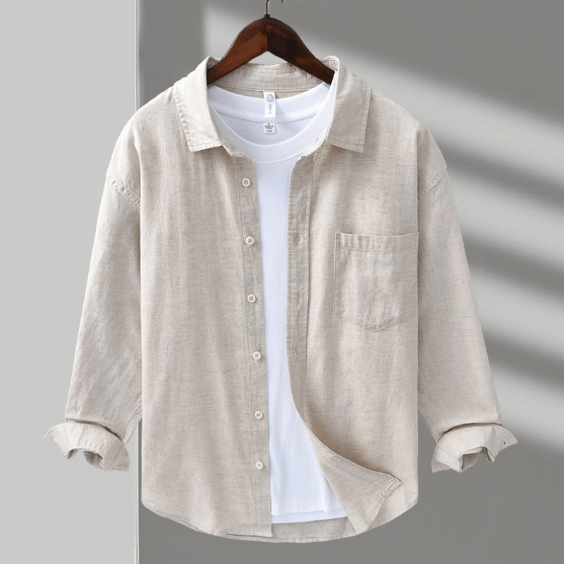 Camicia da Uomo in Cotone e Lino a Manica Lunga con Colletto a Risvolto e Bottoni