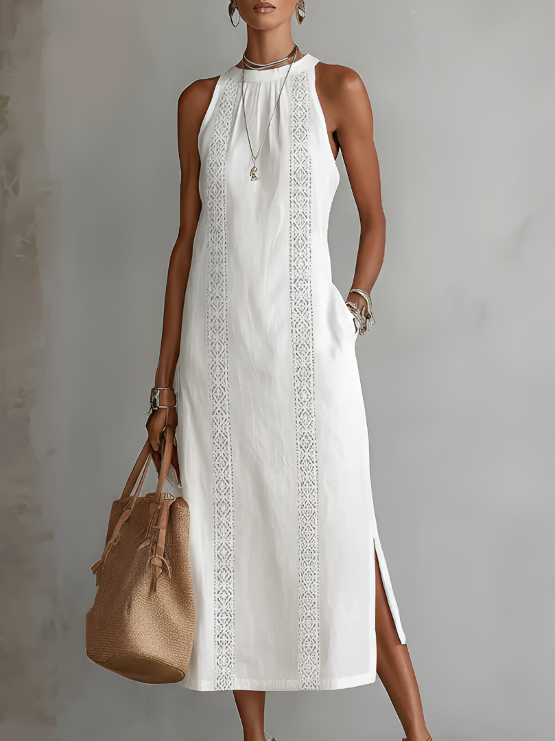 Vestido midi bordado | sin mangas | cuello redondo | para eventos