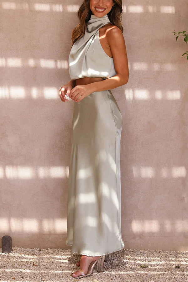 Two-Piece Women's Satin Set with Halter Top and Long Party Skirt