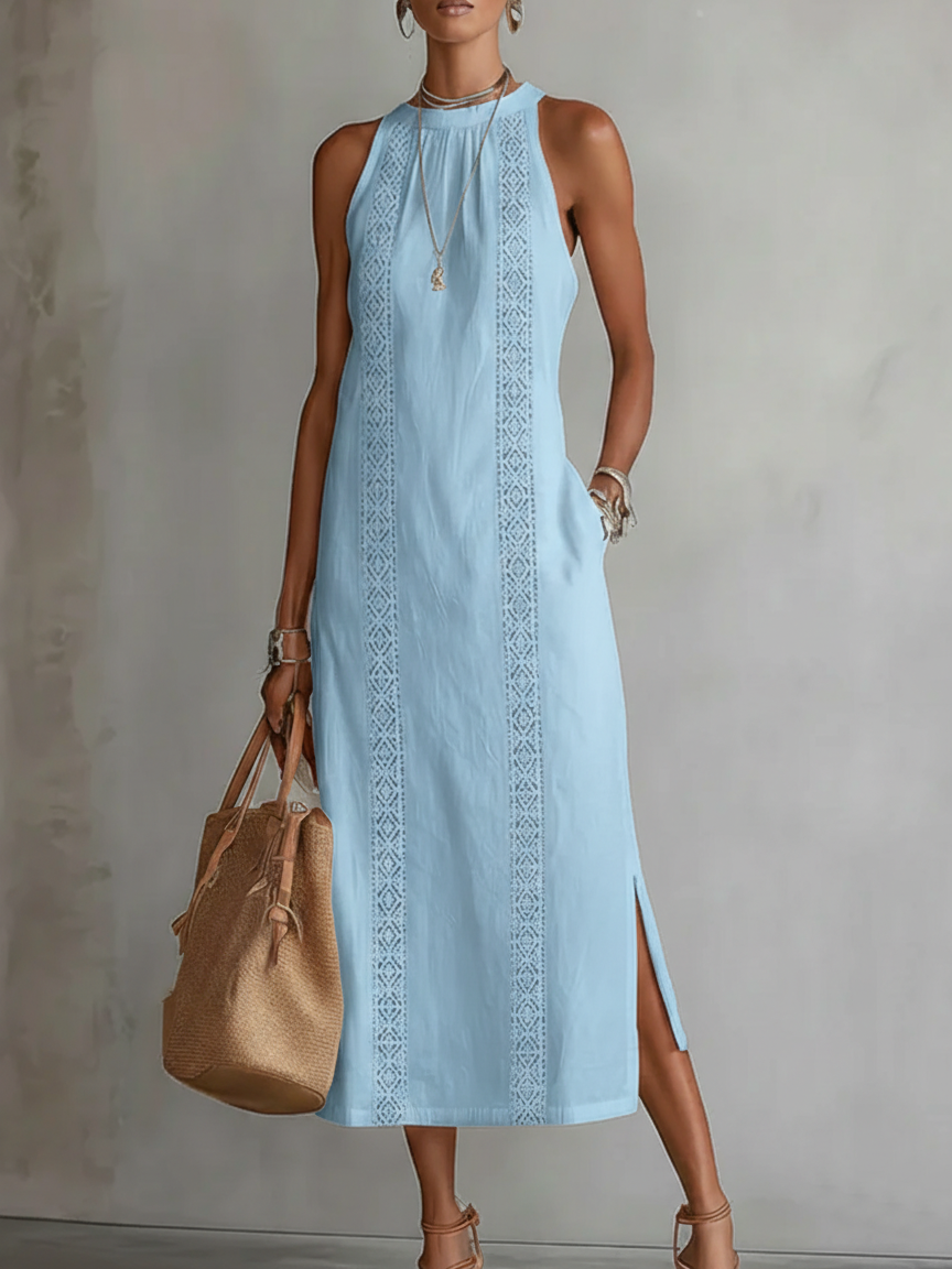 Vestido midi para mujer - mezcla de algodón y lino con cuello mao paseo