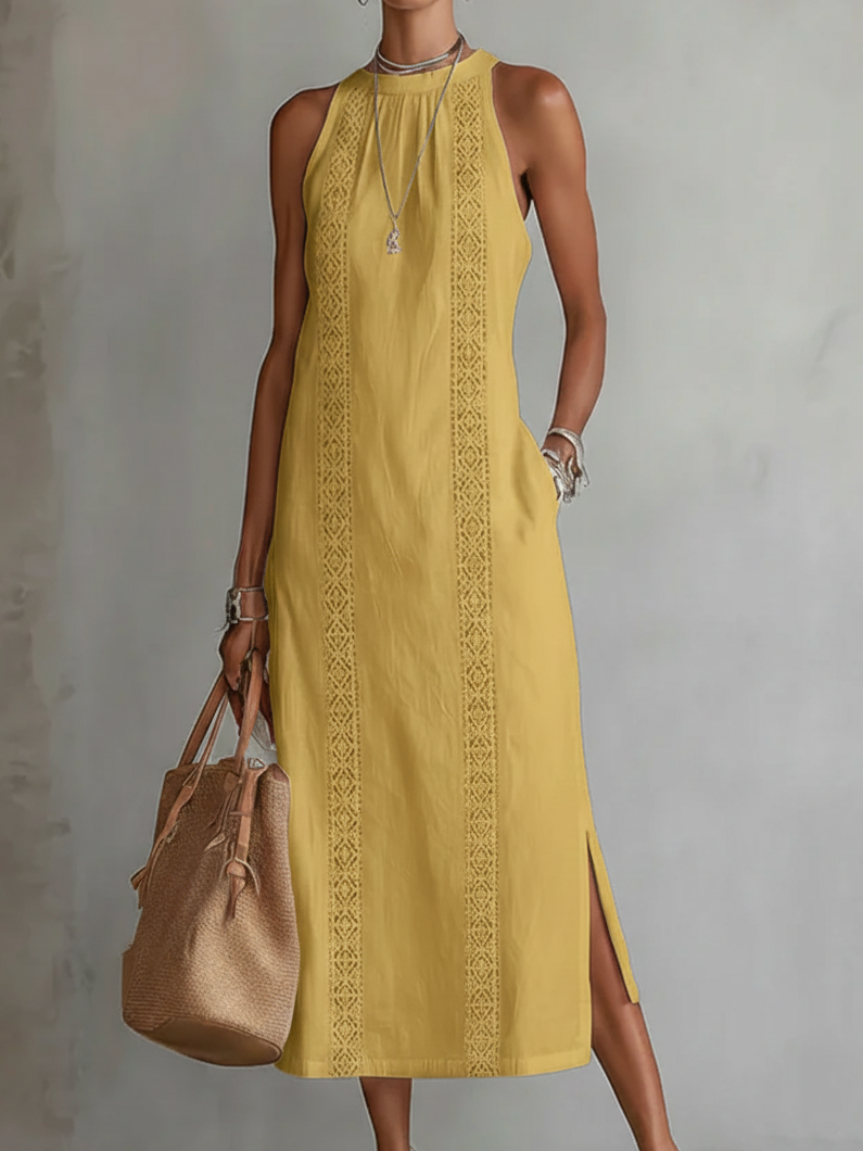 Vestido midi para mujer - mezcla de algodón y lino con cuello mao paseo