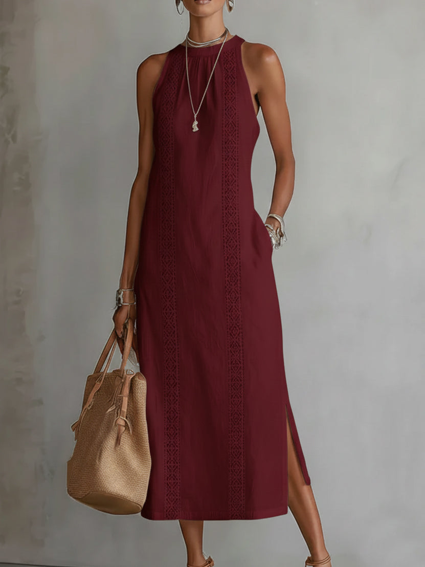 Vestido midi para mujer - mezcla de algodón y lino con cuello mao paseo