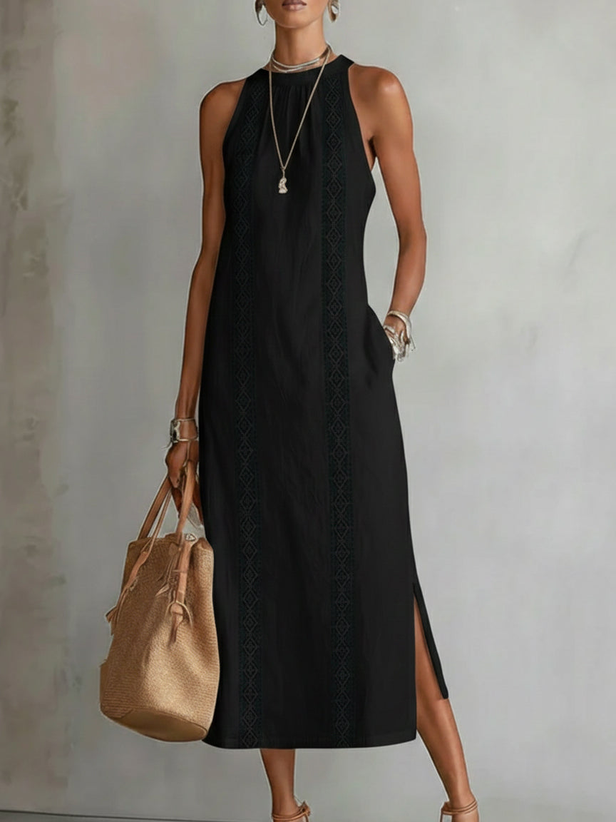 Vestido midi para mujer - mezcla de algodón y lino con cuello mao paseo