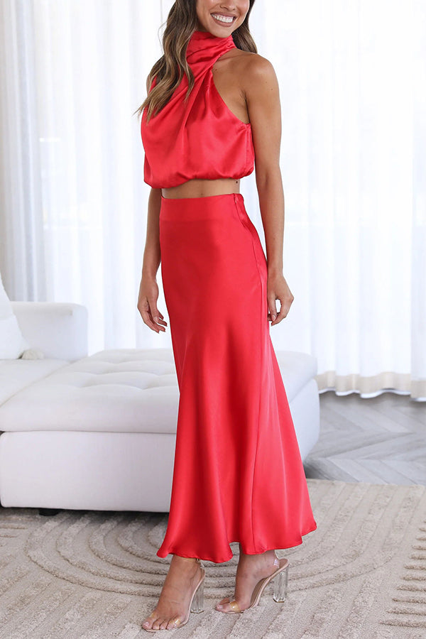 Two-Piece Women's Satin Set with Halter Top and Long Party Skirt